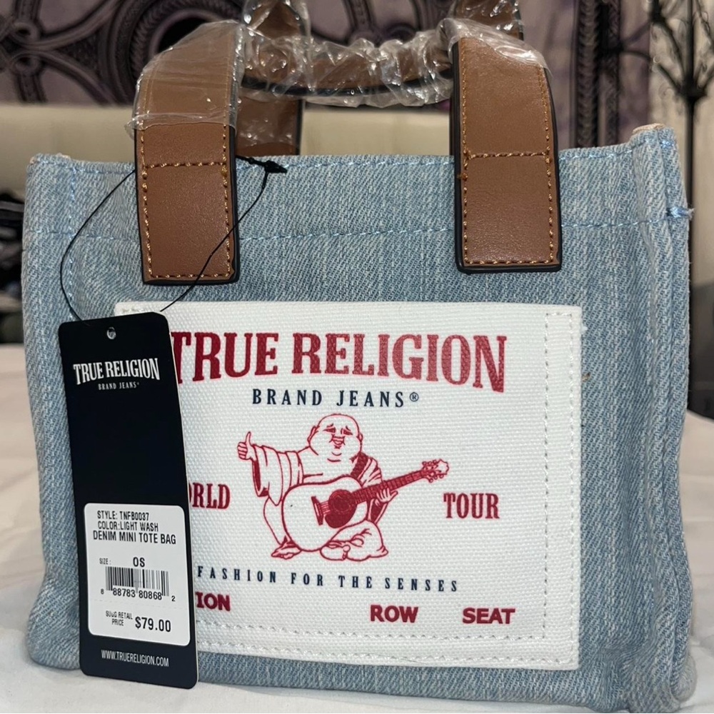True Religion Denim Tote with Brown Handles